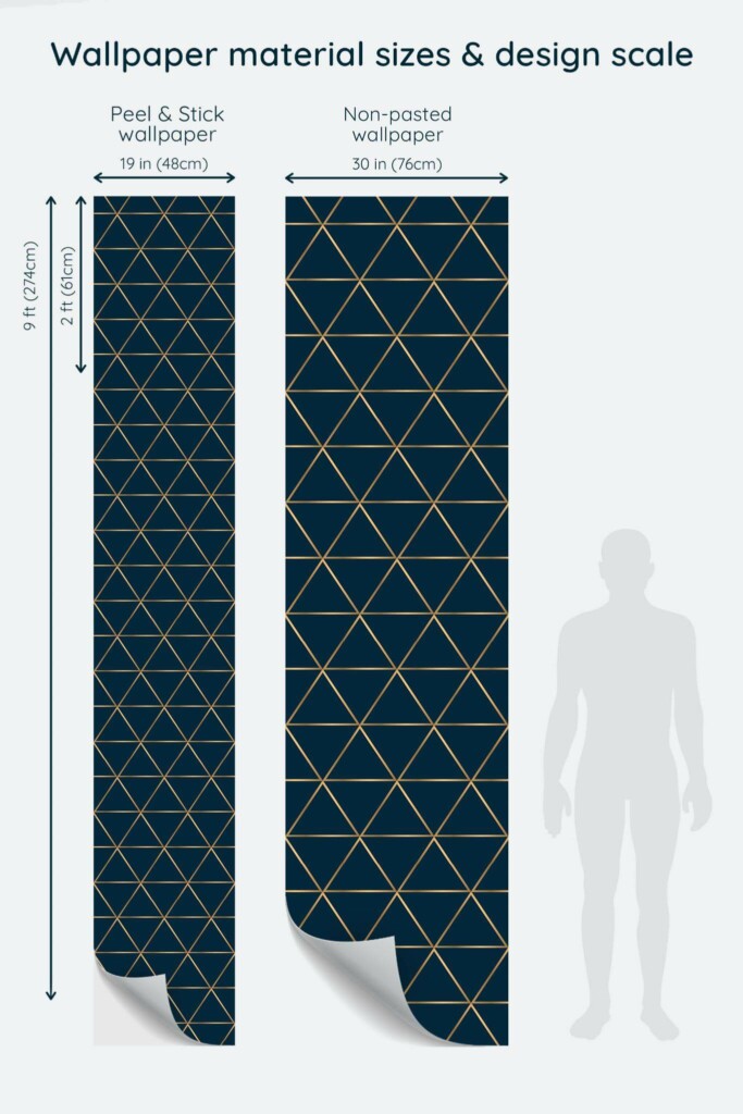 Size comparison of Blue luxury geometric Peel & Stick and Non-pasted wallpapers with design scale relative to human figure