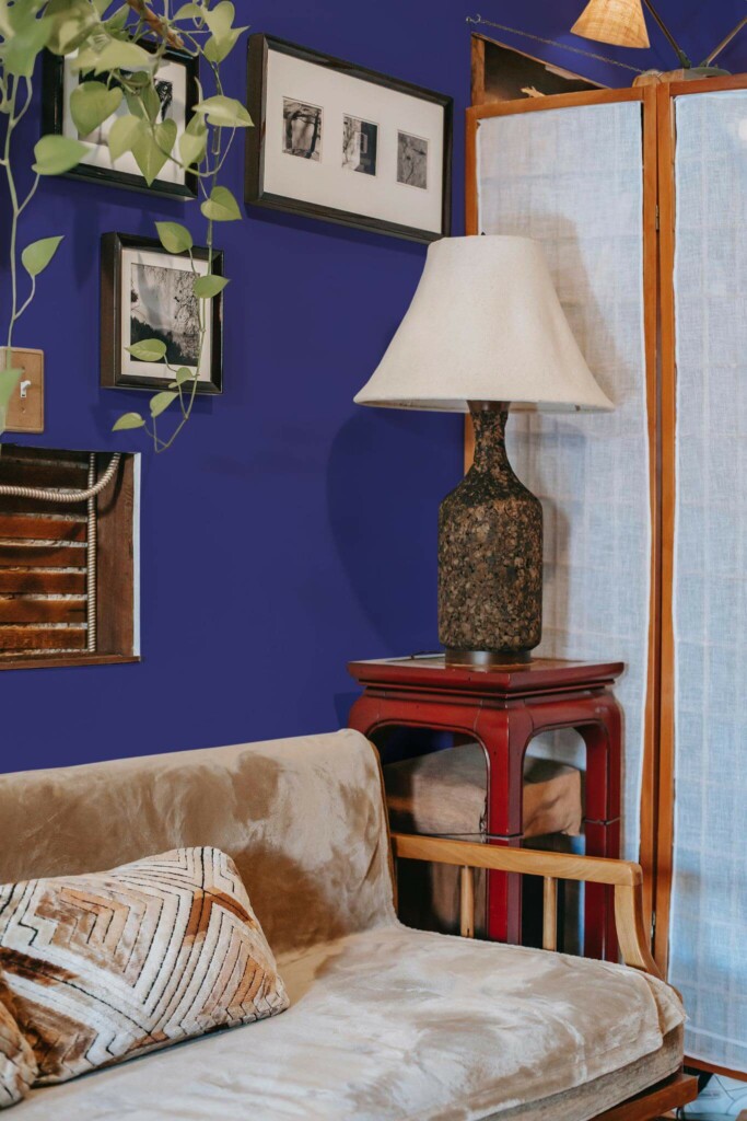Southwestern style living room decorated with Blue Magenta peel and stick wallpaper