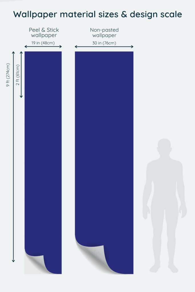 Size comparison of Blue magenta solid color Peel & Stick and Non-pasted wallpapers with design scale relative to human figure