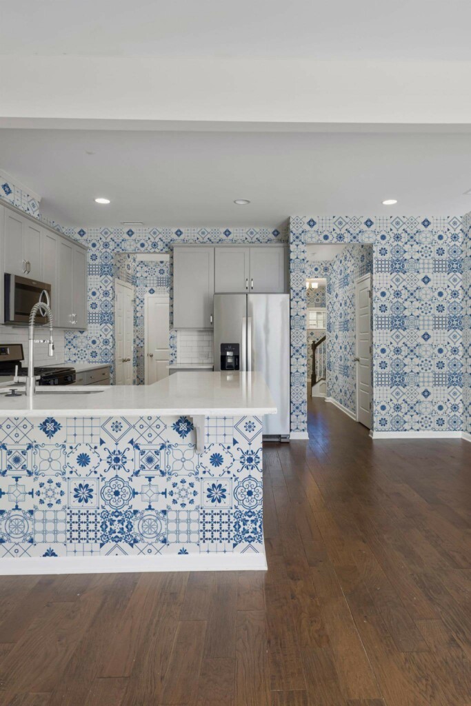 Minimal scandinavian style kitchen decorated with Blue Mediterranean Tile peel and stick wallpaper