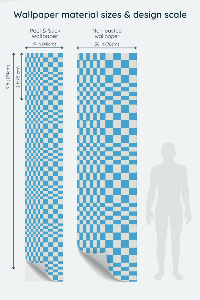 Size comparison of Blue Mirage Peel & Stick and Non-pasted wallpapers with design scale relative to human figure