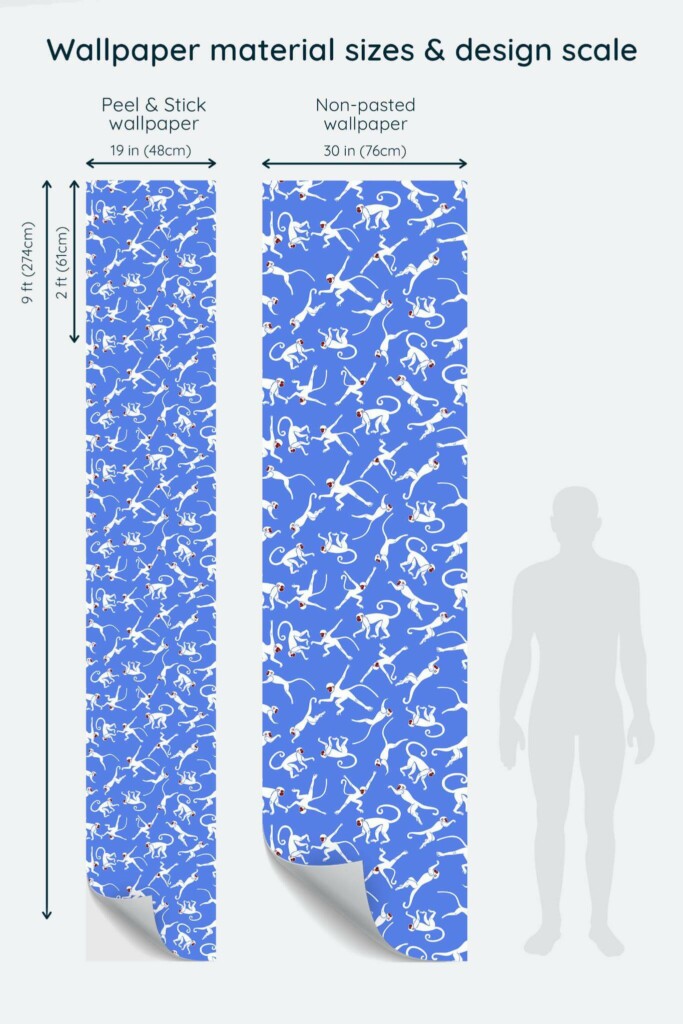 Size comparison of Blue monkey Peel & Stick and Non-pasted wallpapers with design scale relative to human figure