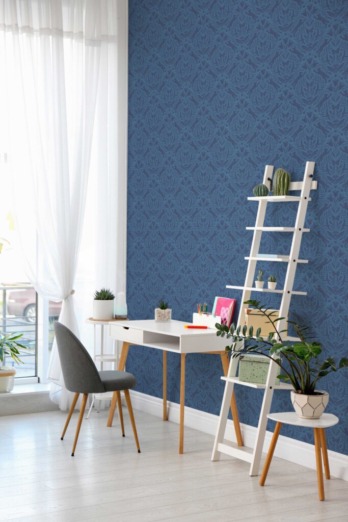 Blue damask unpasted wallpaper for office by Fancy Walls