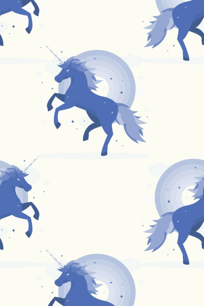 Pattern repeat of Blue Mystical Unicorn removable wallpaper design