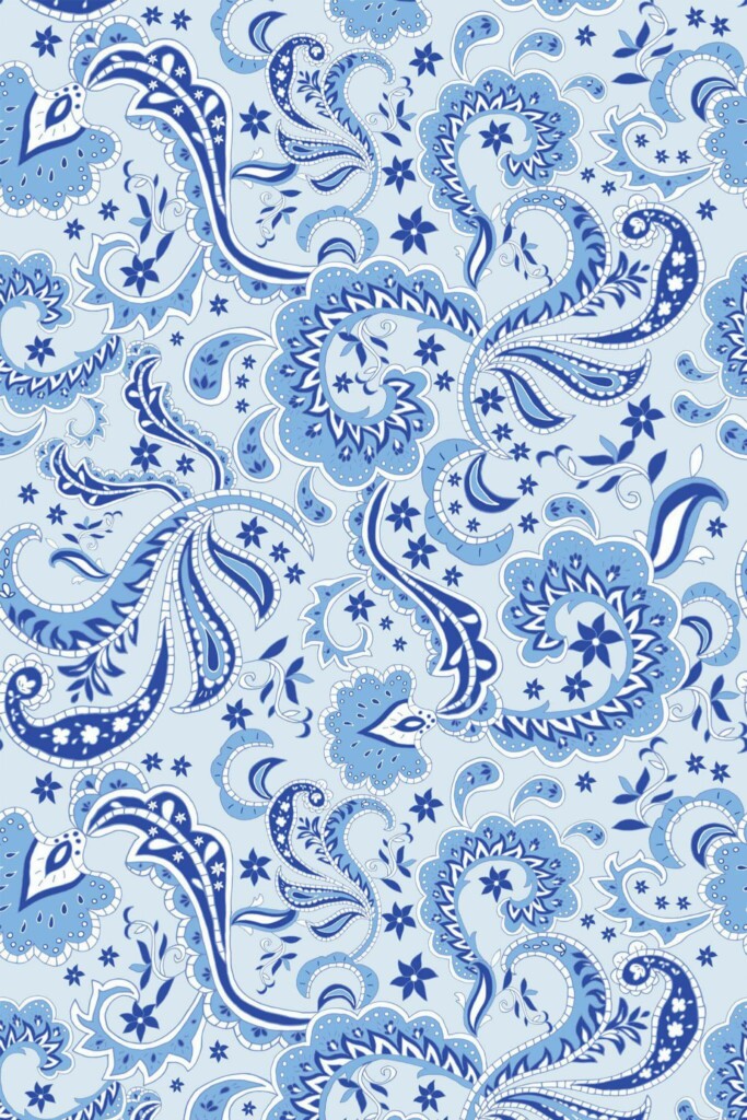 Pattern repeat of Blue paisley removable wallpaper design