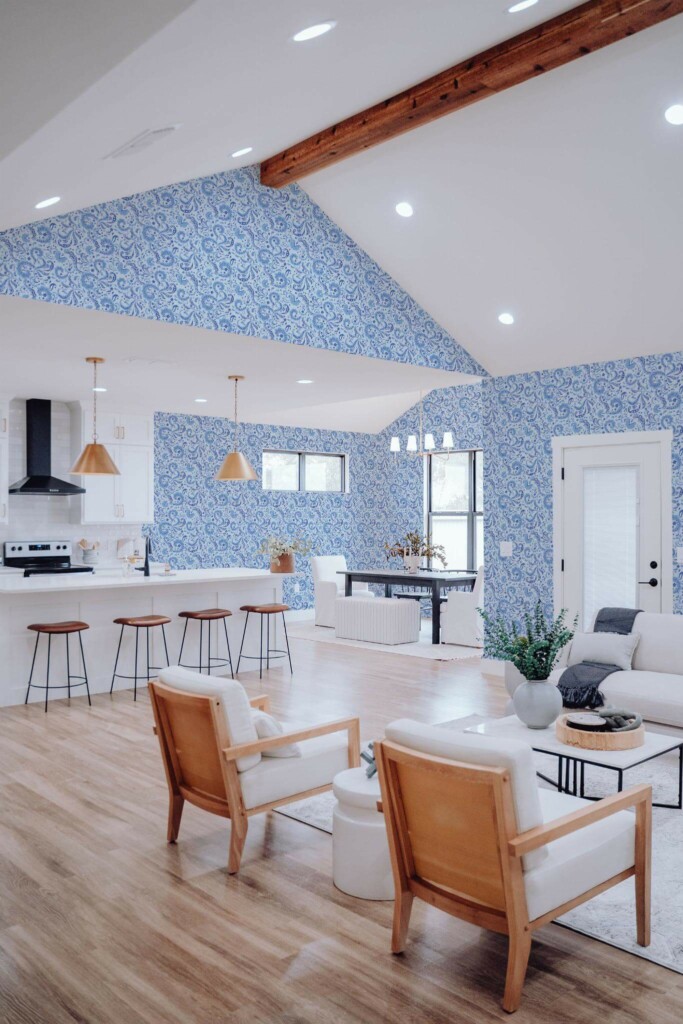 Contemporary style living room and kitchendecorated with Blue paisley peel and stick wallpaper