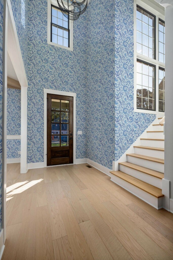 Minimal style entryway decorated with Blue paisley peel and stick wallpaper