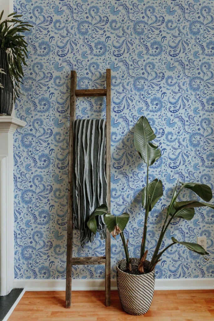 Scandinavian style living room decorated with Blue paisley peel and stick wallpaper