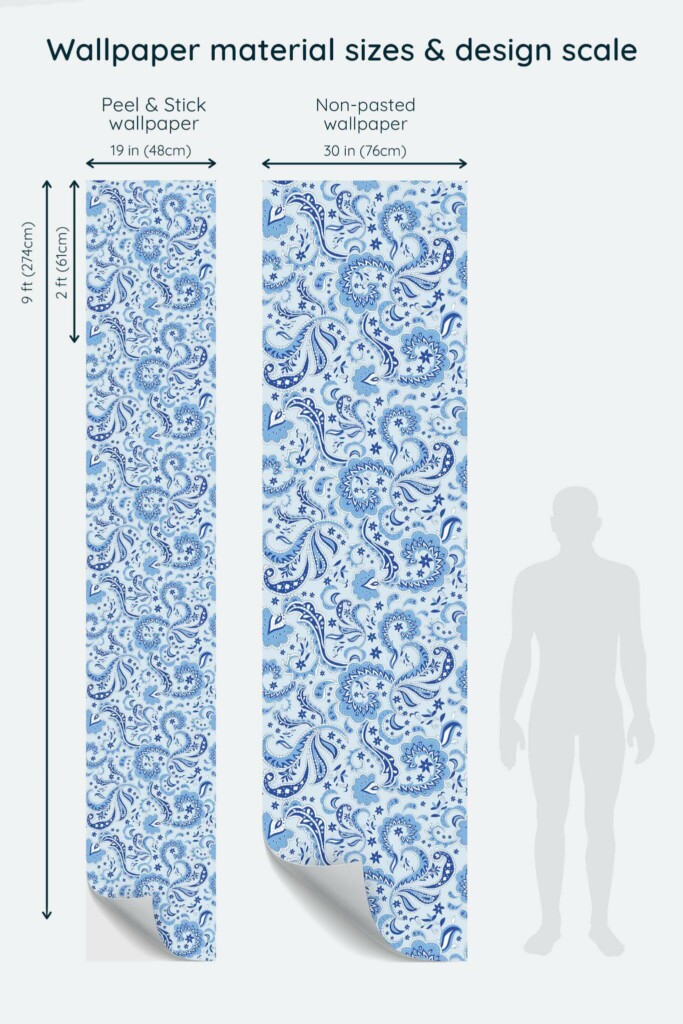 Size comparison of Blue paisley Peel & Stick and Non-pasted wallpapers with design scale relative to human figure