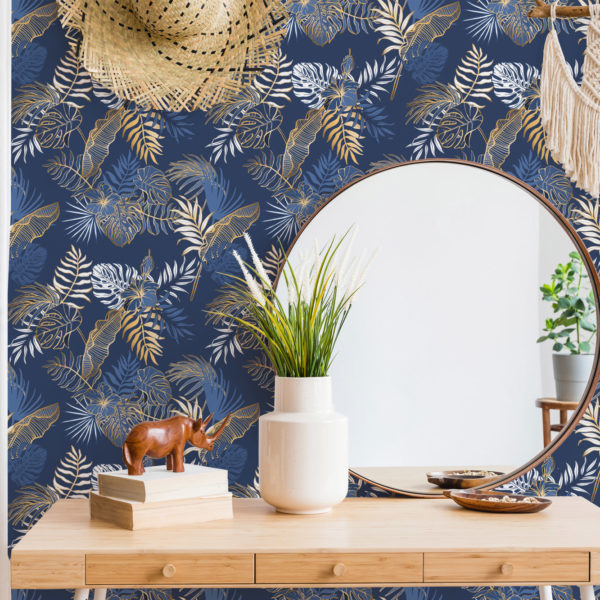 blue palm wallpaper in interior