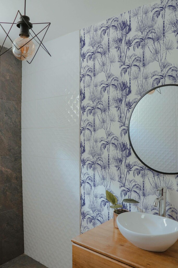 Modern style bathroom decorated with Blue palm peel and stick wallpaper