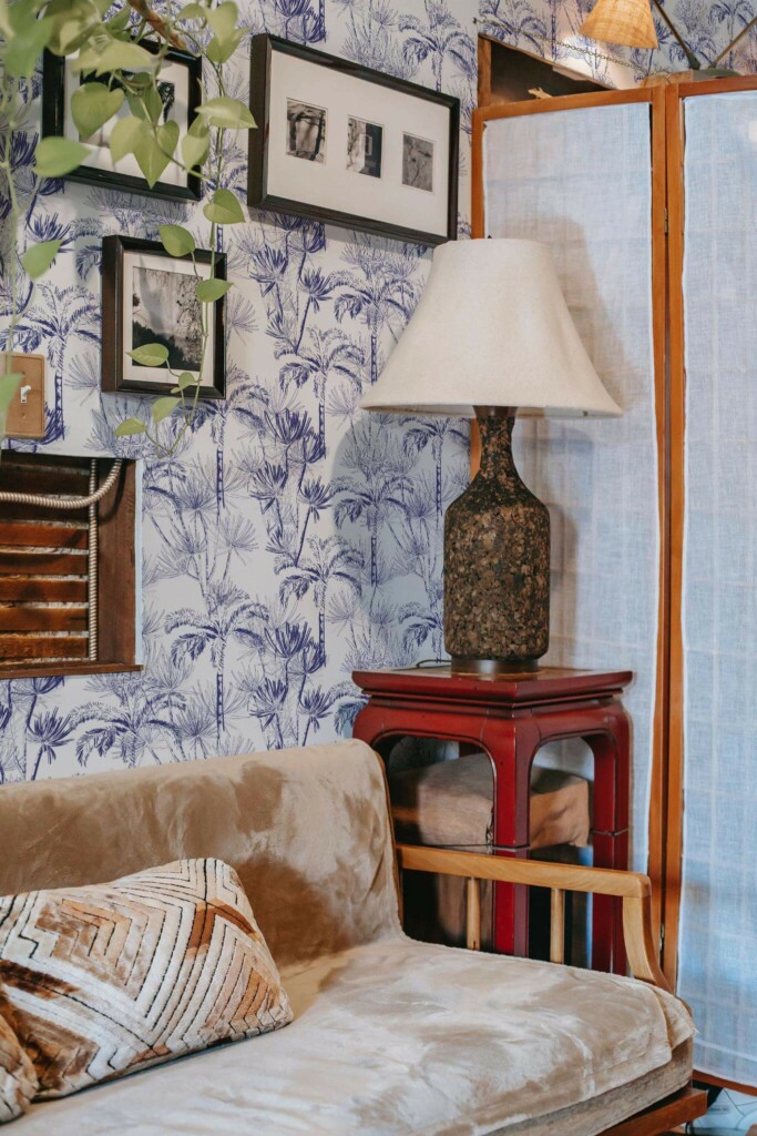 Southwestern style living room decorated with Blue palm peel and stick wallpaper