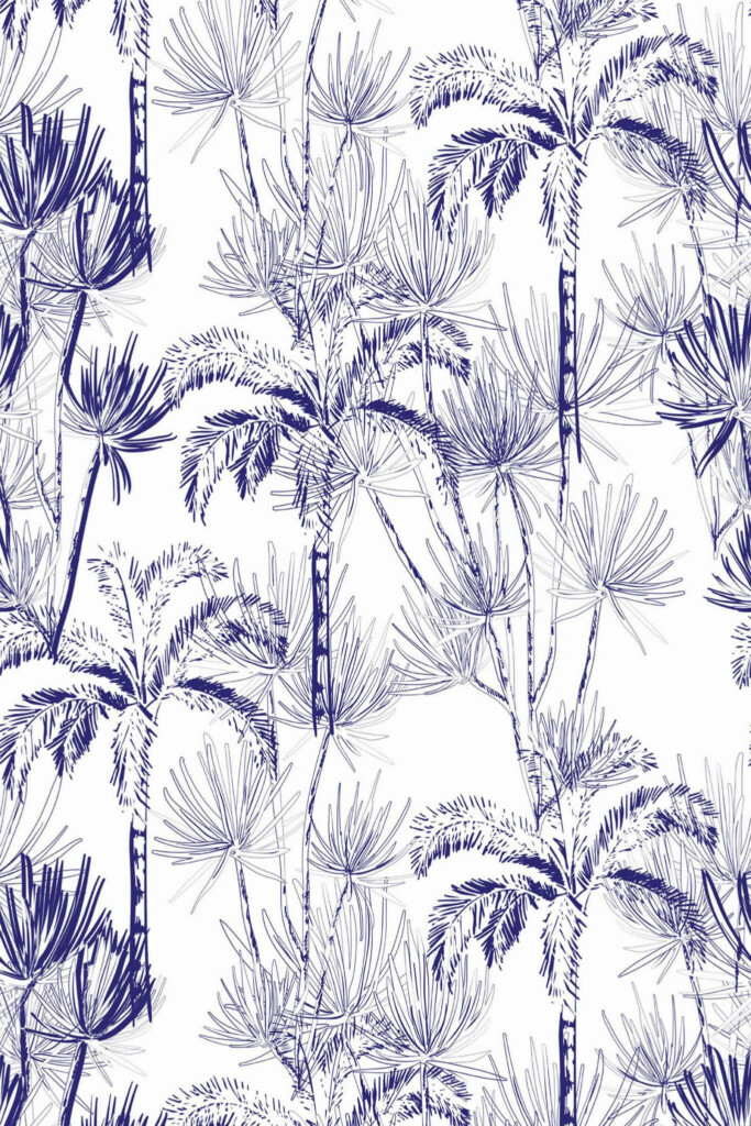 Pattern repeat of Blue palm tree removable wallpaper design
