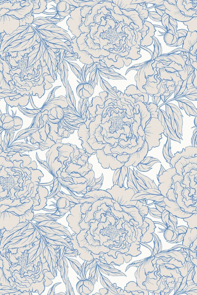 Pattern repeat of Blue peonies removable wallpaper design
