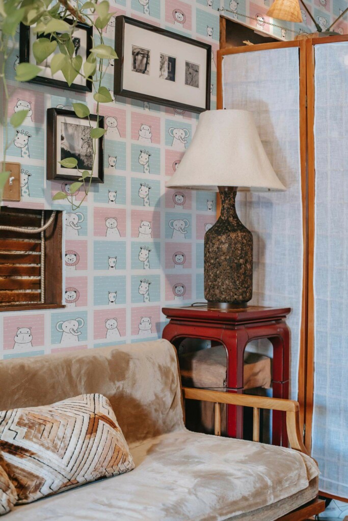 Southwestern style living room decorated with Blue pink animals peel and stick wallpaper
