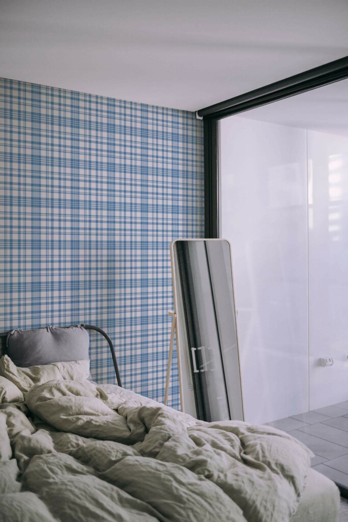 Minimal style bedroom decorated with Blue plaid peel and stick wallpaper