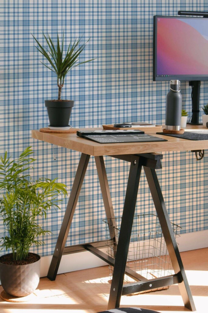 Scandinavian style home office decorated with Blue plaid peel and stick wallpaper