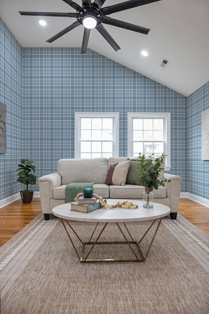 Scandinavian style living room decorated with Blue plaid peel and stick wallpaper