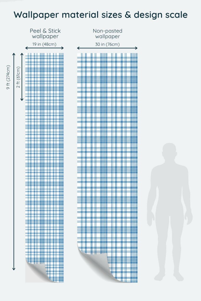 Size comparison of Blue plaid Peel & Stick and Non-pasted wallpapers with design scale relative to human figure