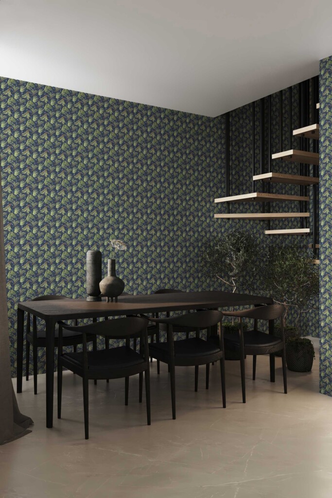 Fancy Walls peel and stick wallpaper in blue plant and tree pattern for dining room walls. Green Seaweed removable wallpaper