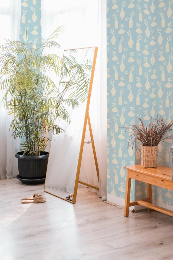 Boho style powder corner decorated with Blue powder room peel and stick wallpaper