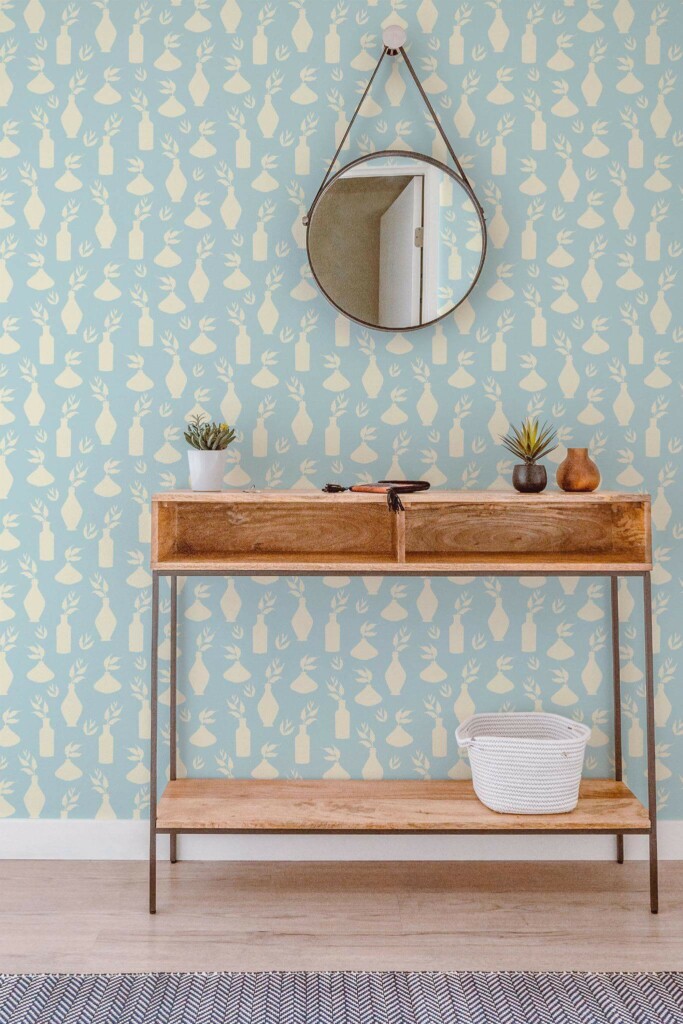 Contemporary style entryway decorated with Blue powder room peel and stick wallpaper