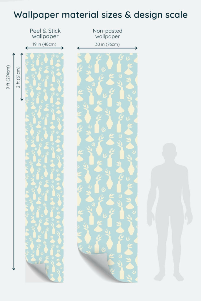 Size comparison of Blue Powder Room Peel & Stick and Non-pasted wallpapers with design scale relative to human figure