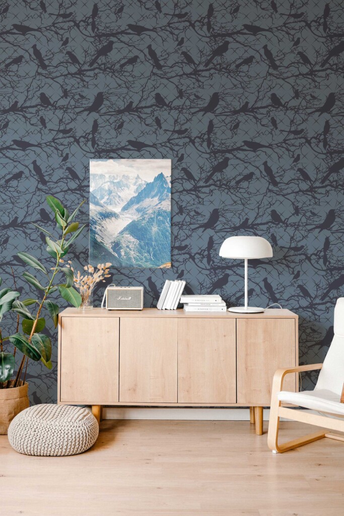Fancy Walls self-adhesive wallpaper showing raven silhouettes on deep blue gothic trees