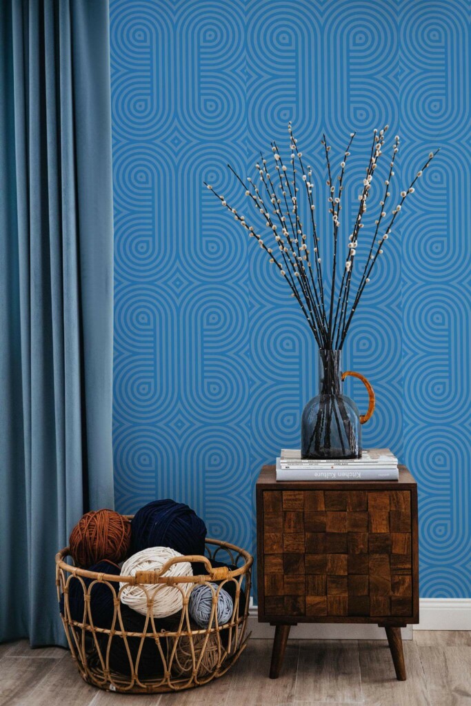 Coastal style living room decorated with Blue retro peel and stick wallpaper