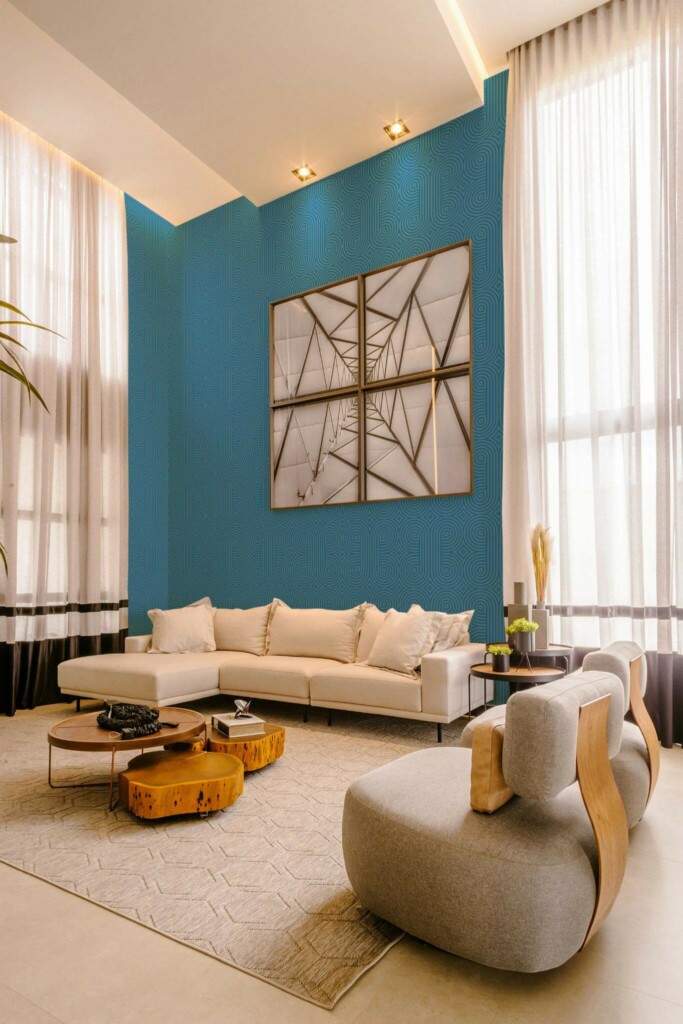 Contemporary style living room decorated with Blue retro peel and stick wallpaper