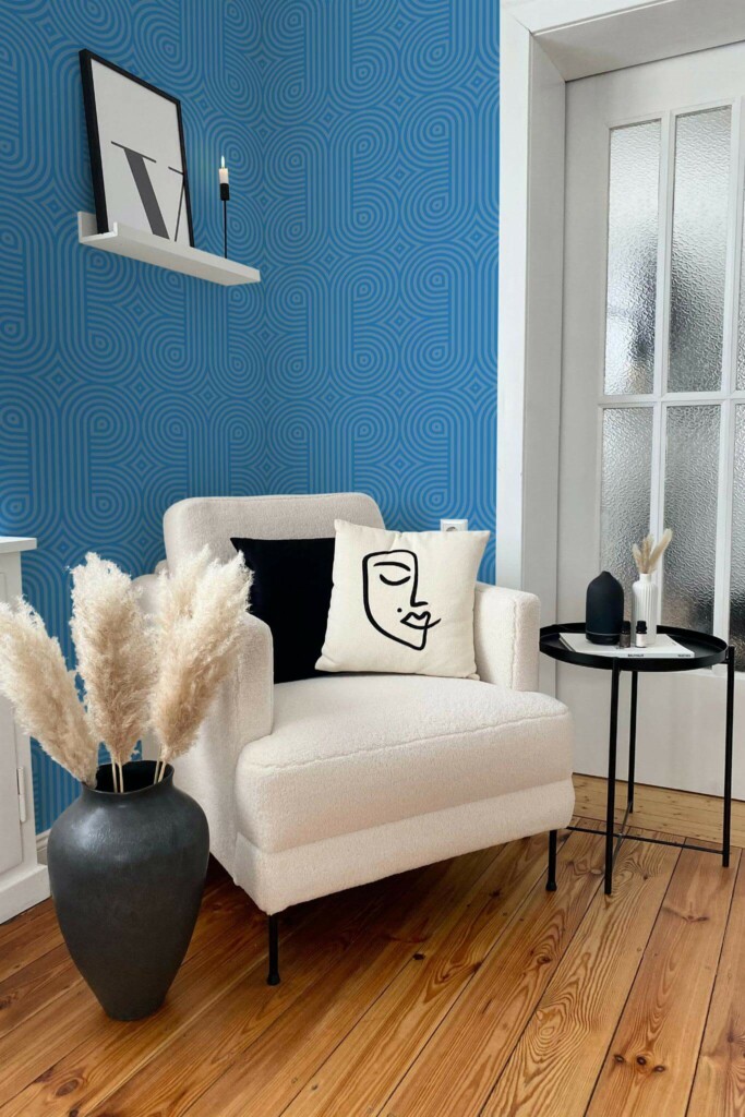 Modern boho style living room decorated with Blue retro peel and stick wallpaper