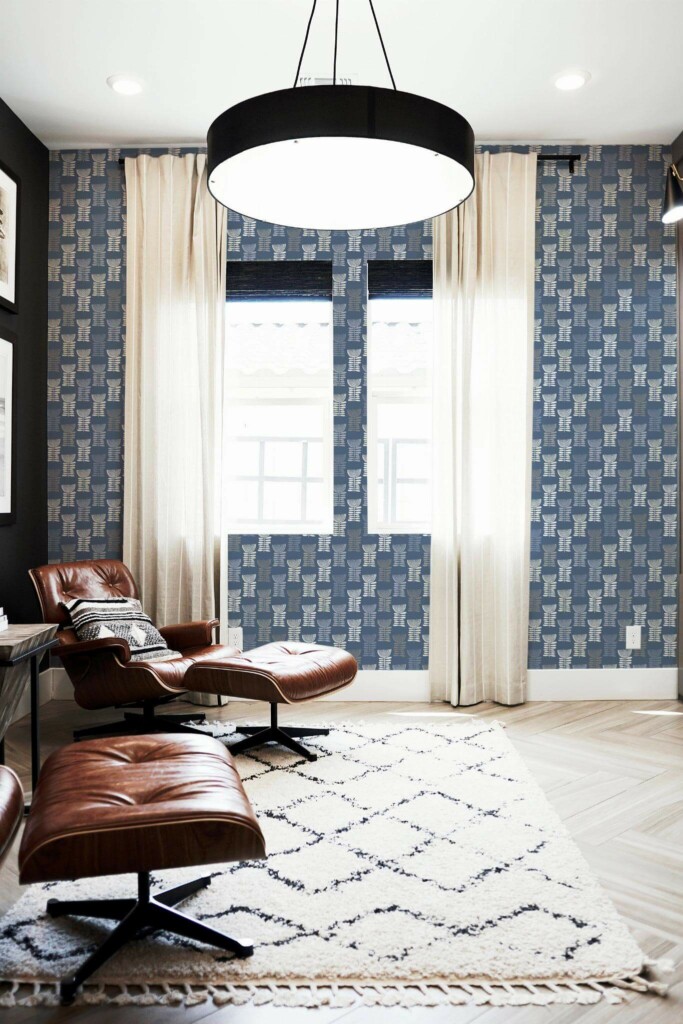 MId-century modern style living room decorated with Blue scandi floral peel and stick wallpaper