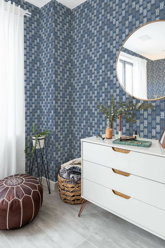 Scandinavian style bedroom decorated with Blue scandi floral peel and stick wallpaper and Mediterranean accents