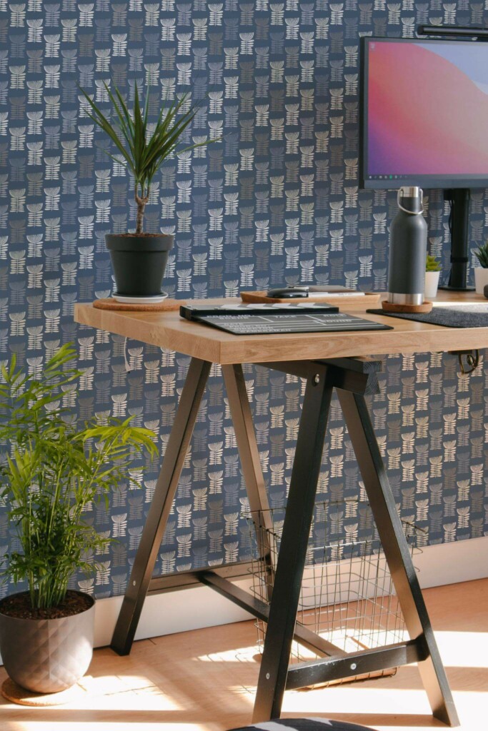 Scandinavian style home office decorated with Blue scandi floral peel and stick wallpaper