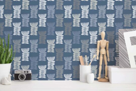 Blue Scandinavian floral wallpaper for walls