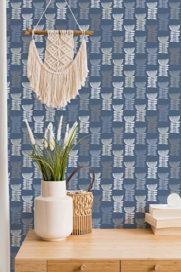 Blue scandi floral pattern wallpaper - Peel and Stick Removable | Fancy