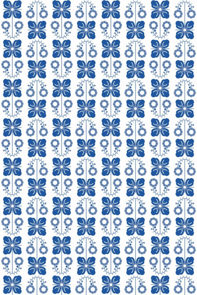 Pattern repeat of Blue Scandinavian floral design removable wallpaper design