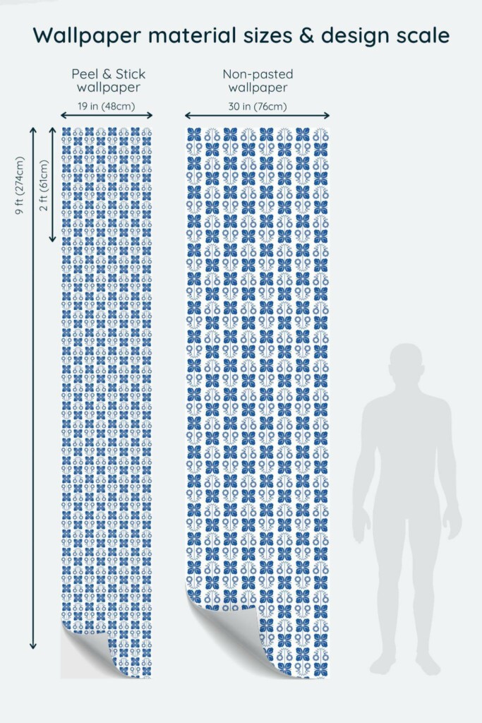 Size comparison of Blue Scandinavian floral design Peel & Stick and Non-pasted wallpapers with design scale relative to human figure