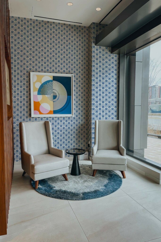 Mid-century-modern style living room decorated with Blue Scandinavian floral peel and stick wallpaper