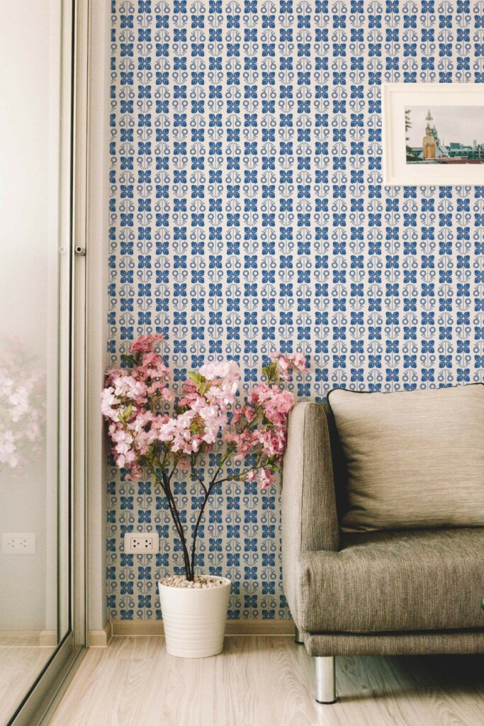 Modern farmhouse style living room decorated with Blue Scandinavian floral peel and stick wallpaper