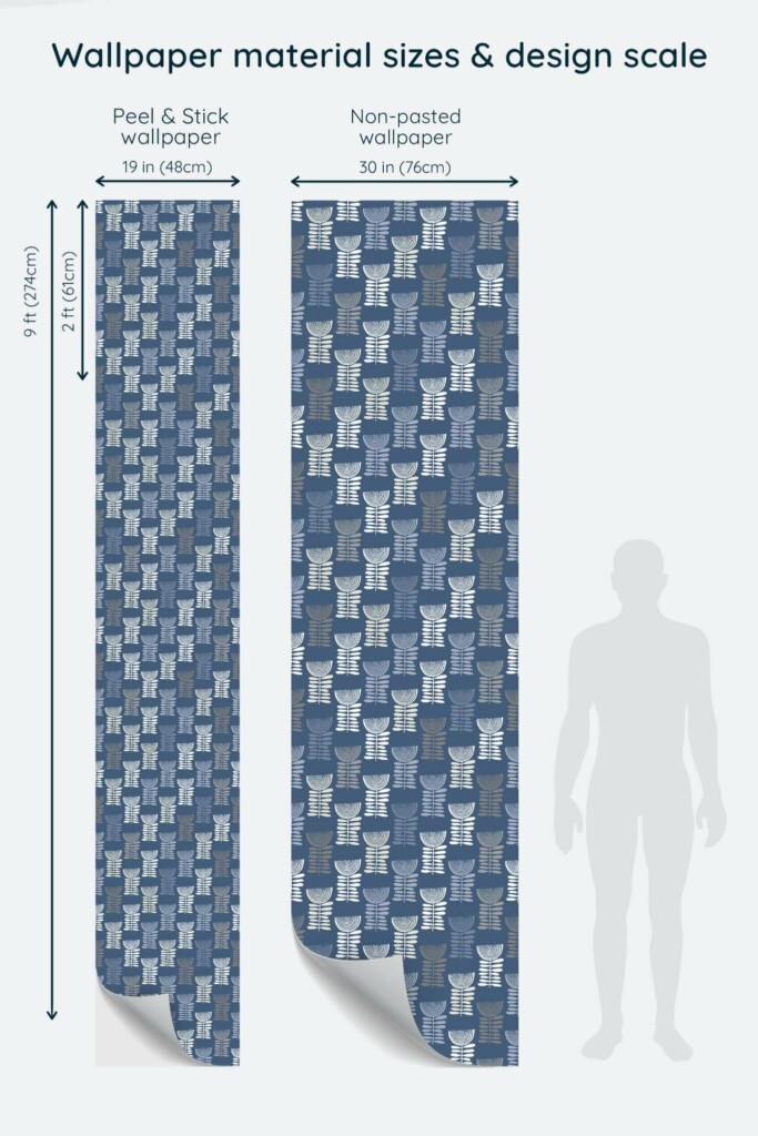 Size comparison of Blue Scandinavian floral Peel & Stick and Non-pasted wallpapers with design scale relative to human figure