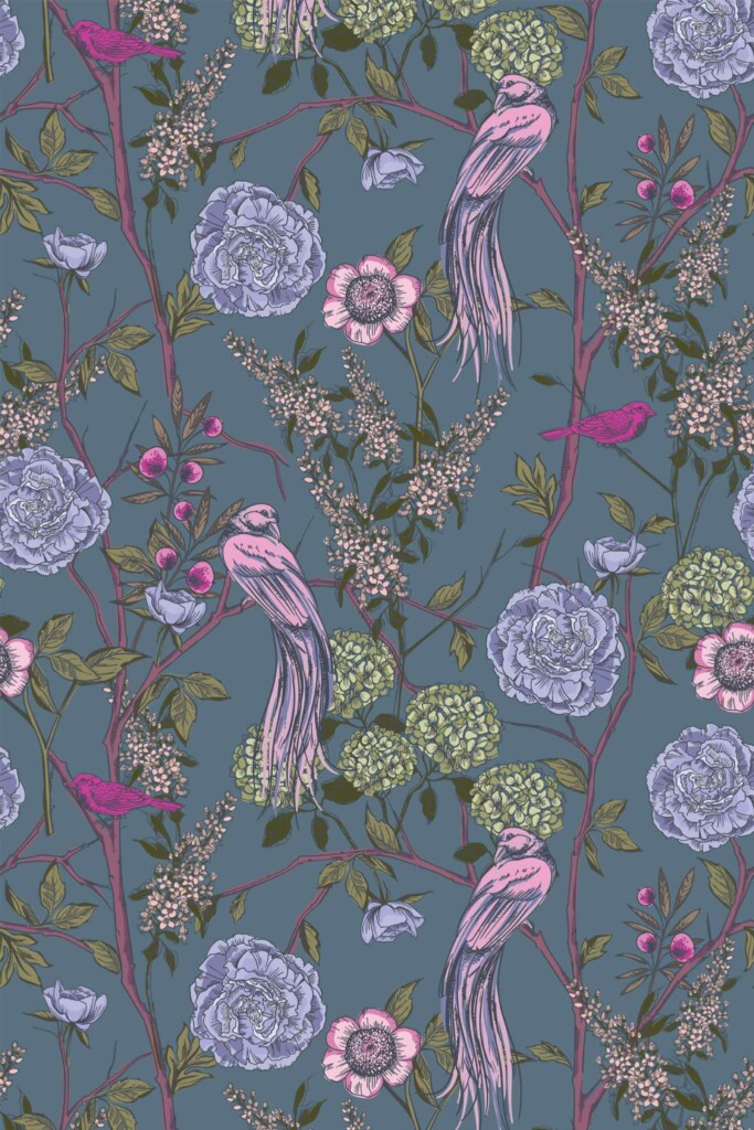 Pattern repeat of Blue Serene Peonies removable wallpaper design