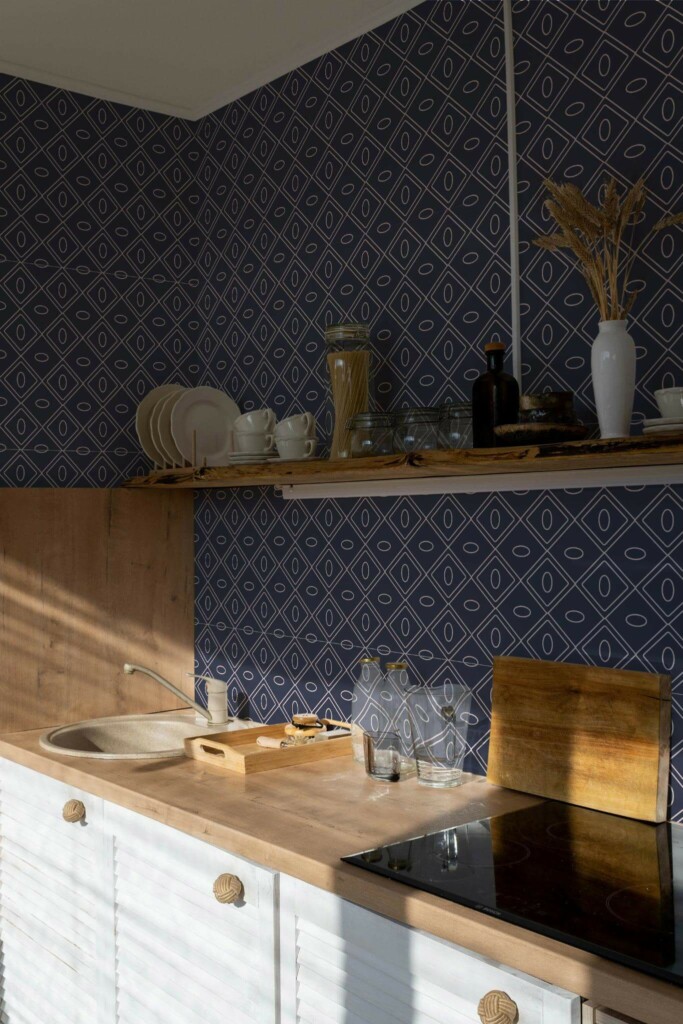 Minimal bohemian style kitchen decorated with Blue simple kitchen peel and stick wallpaper