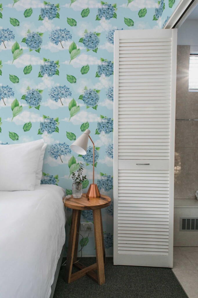 Fancy Walls removable wallpaper with cute floating hydrangeas. Blue Floral Dream wallpaper peel and stick or non-pasted wallpaper.