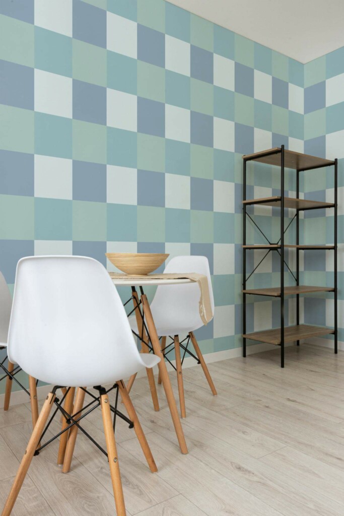 Minimalist style dining room decorated with Blue square peel and stick wallpaper