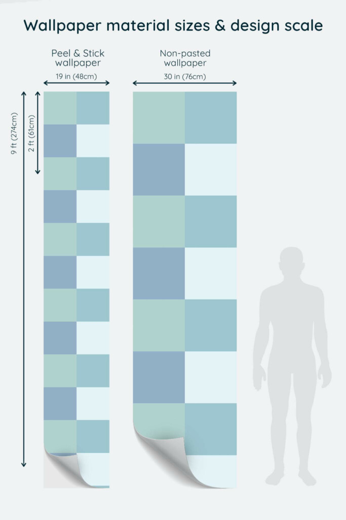 Size comparison of Blue square Peel & Stick and Non-pasted wallpapers with design scale relative to human figure
