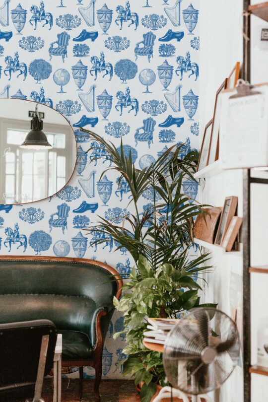 blue vintage unpasted wallpaper