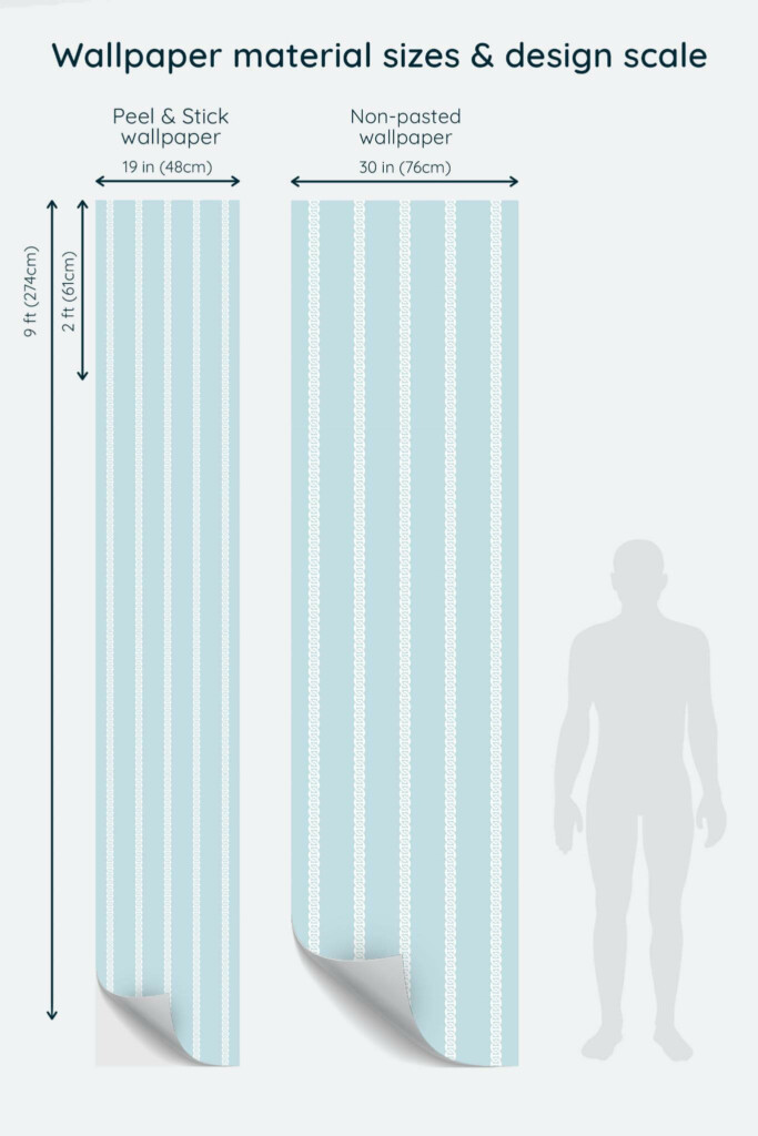 Size comparison of Blue striped Peel & Stick and Non-pasted wallpapers with design scale relative to human figure