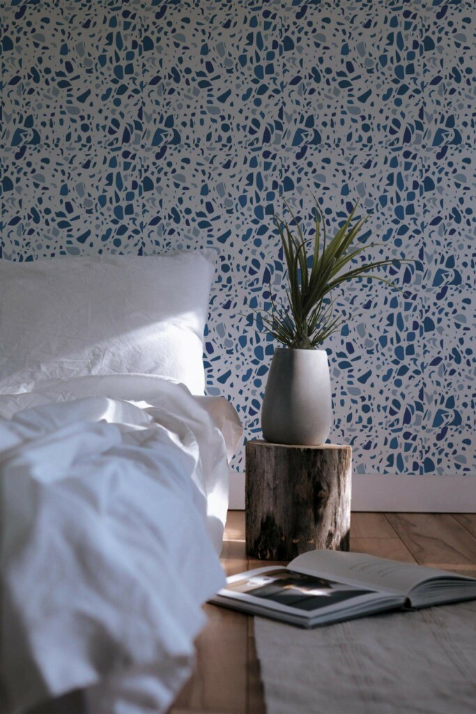 Minimal scandinavian style bedroom decorated with Blue terrazzo peel and stick wallpaper