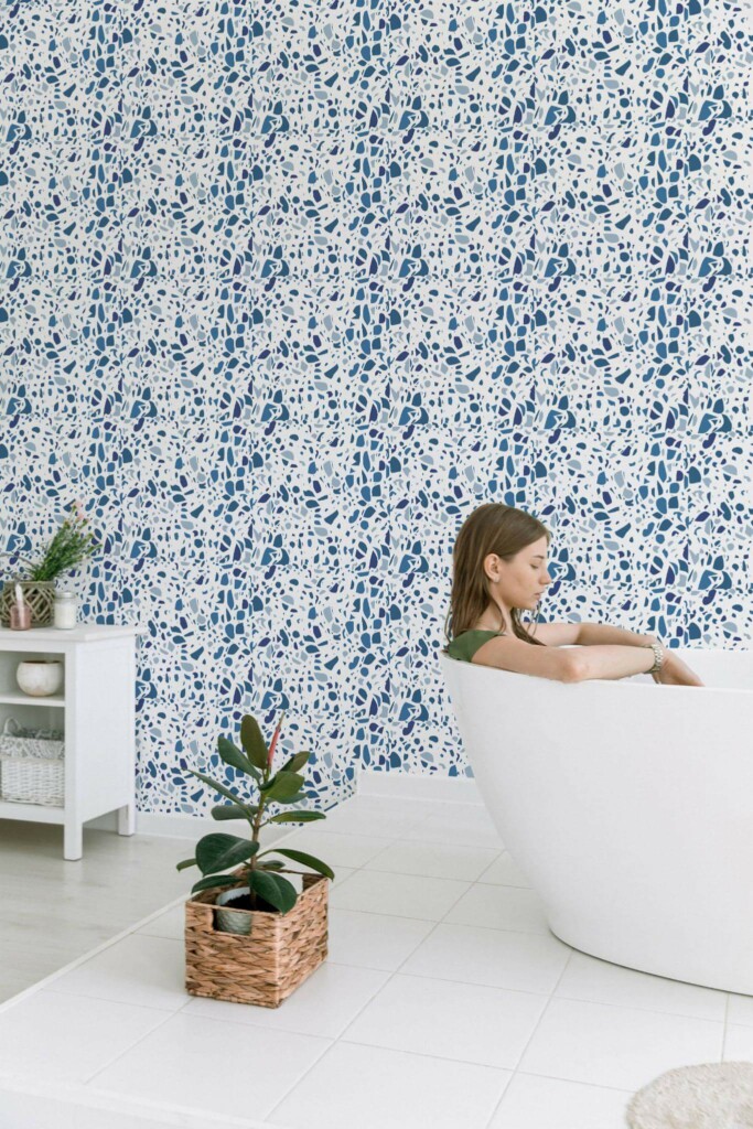 Minimal style bathroom decorated with Blue terrazzo peel and stick wallpaper